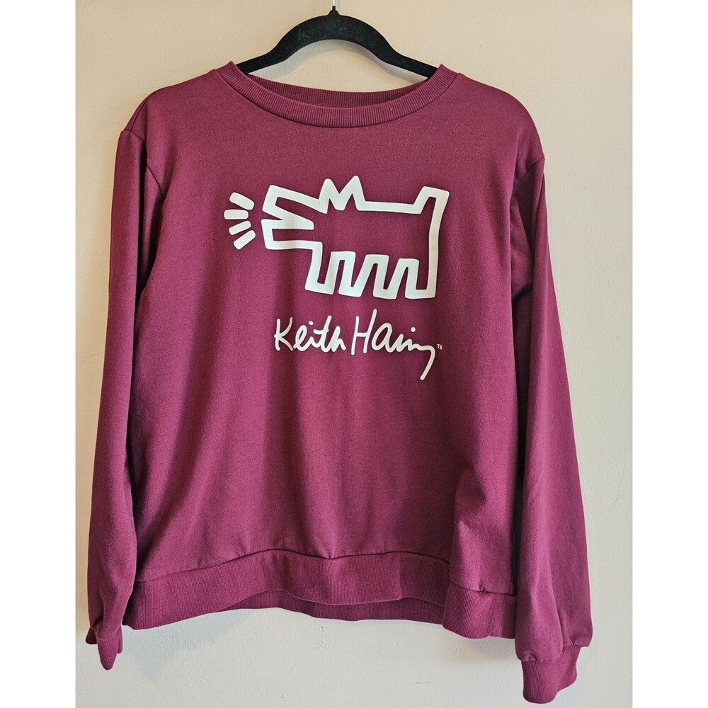 Keith Haring Dog Art Sweatshirt Maroon Crewneck Long Sleeve Pullover Women's Med